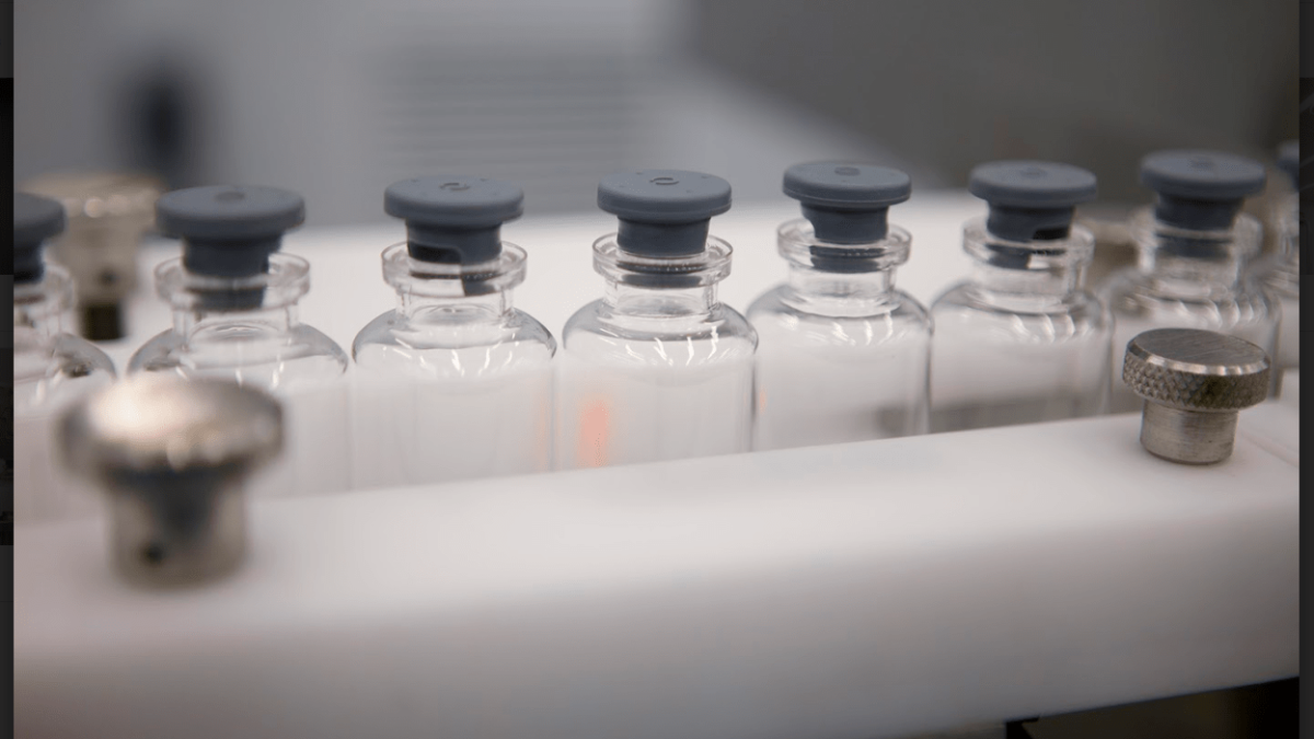 Vials on the fill line before lyophilization and capping